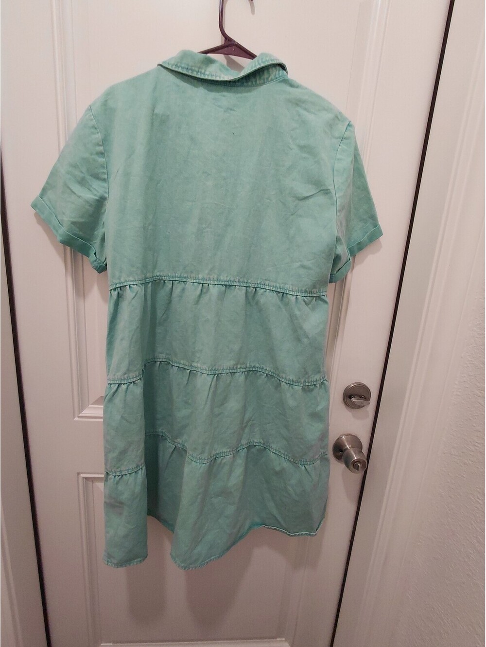 Women's Mint Green Cotton Tiered Shirt Dress Size L Button Front Short Sleeve - Picture 3 of 7